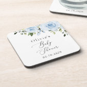 Dusty Blue Flowers, Greenery, Boho, Baby shower Bier Onderzetter (Linkerzijde)