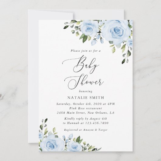 Dusty Blue Flowers, Greenery, Boho, Baby shower Kaart (Voorkant)