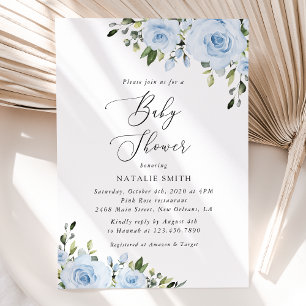 Dusty Blue Flowers, Greenery, Boho, Baby shower Kaart