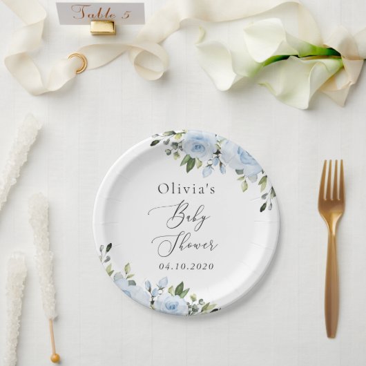 Dusty Blue Flowers, Greenery, Boho, Baby shower Papieren Bordje (Huwelijk)