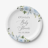 Dusty Blue Flowers, Greenery, Boho, Baby shower Papieren Bordje (Voorkant)