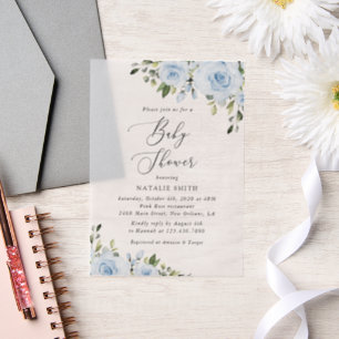 Dusty Blue Flowers, Greenery, Boho, Baby shower Vellum Uitnodigingen