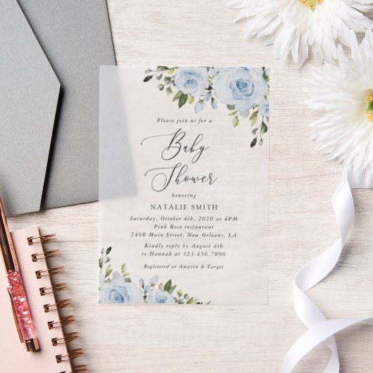 Dusty Blue Flowers, Greenery, Boho, Baby shower Vellum Uitnodigingen (Huwelijk)
