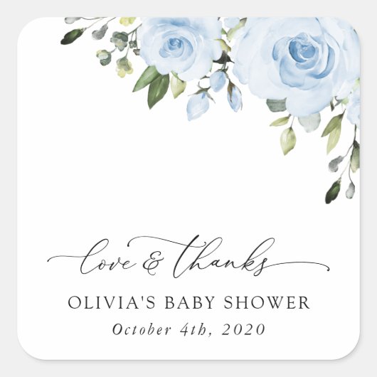 Dusty Blue Flowers, Greenery, Boho, Baby shower Vierkante Sticker (Voorkant)