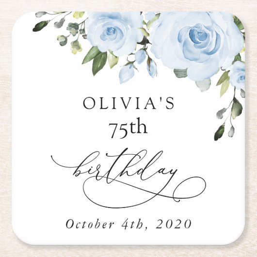 Dusty Blue Flowers, Greenery, Boho, Birthday Kartonnen Onderzetters (Voorkant)