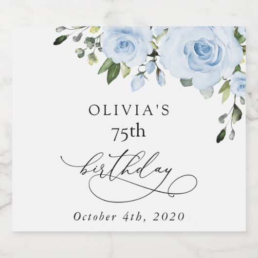 Dusty Blue Flowers, Greenery, Boho, Birthday Sparkling Wijnetiket (Enkel label)