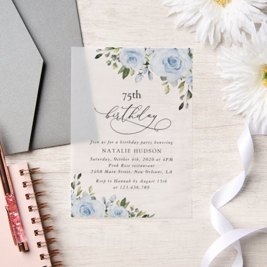 Dusty Blue Flowers, Greenery, Boho, Birthday Vellum Uitnodigingen (Huwelijk)
