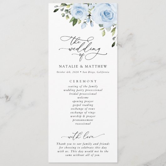 Dusty Blue Flowers, Greenery, Boho, Floral Wedding Programmakaart (Voorkant)