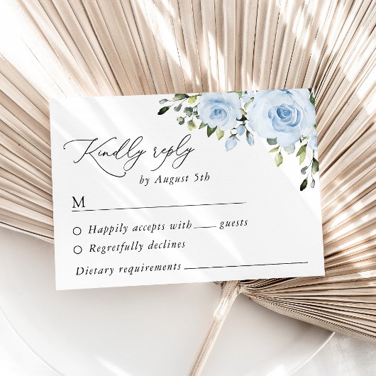 Dusty Blue Flowers, Greenery, Boho, Floral Wedding RSVP Kaartje