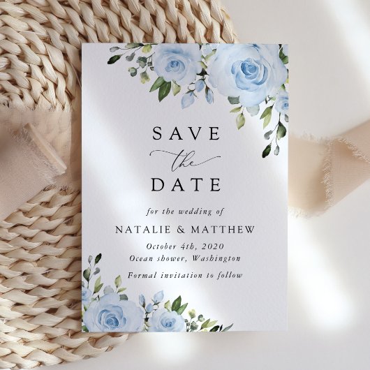 Dusty Blue Flowers, Greenery, Boho, Floral Wedding Save The Date
