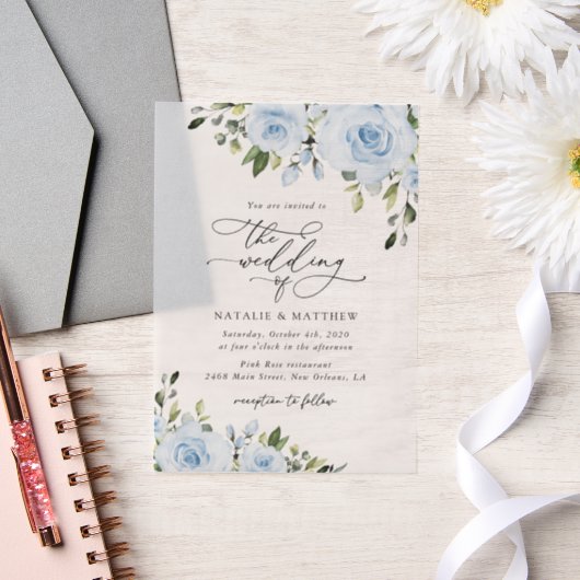 Dusty Blue Flowers, Greenery, Boho, Floral Wedding Vellum Uitnodigingen (Huwelijk)