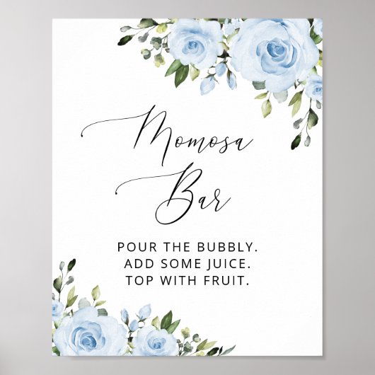 Dusty Blue Flowers, Greenery, Boho, Momosa Bar Poster (Voorkant)