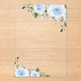 Dusty Blue Flowers, Greenery, Boho, Sweet 16 Acryl Uitnodigingen