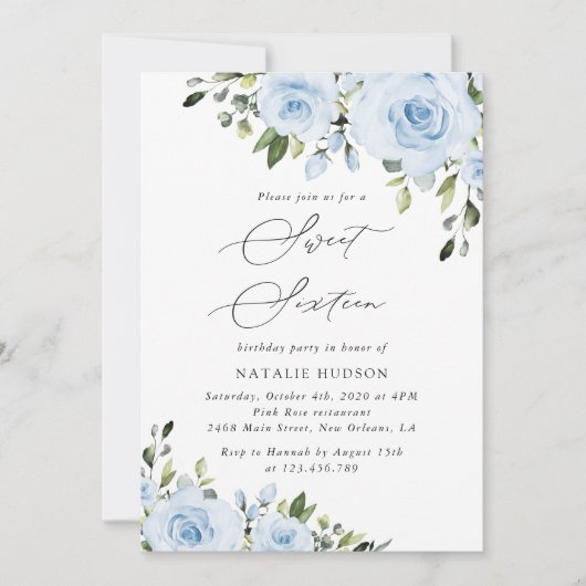 Dusty Blue Flowers, Greenery, Boho, Sweet 16 Kaart (Voorkant)