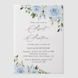 Dusty Blue Flowers, Greenery, Boho, Sweet 16 Vellum Uitnodigingen