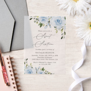 Dusty Blue Flowers, Greenery, Boho, Sweet 16 Vellum Uitnodigingen