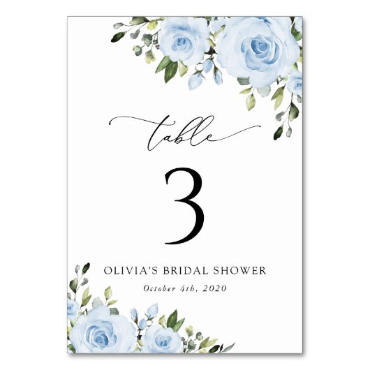 Dusty Blue Flowers, Greenery, Boho, Table Numbers Kaart (Voorkant)
