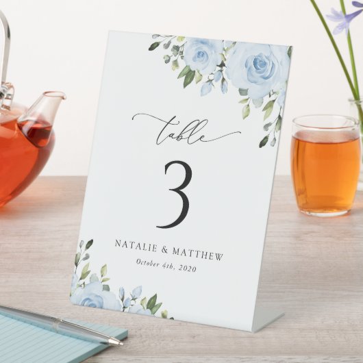 Dusty Blue Flowers, Greenery, Boho, Table Numbers Reclamebord Met Voetstuk (Insitu)