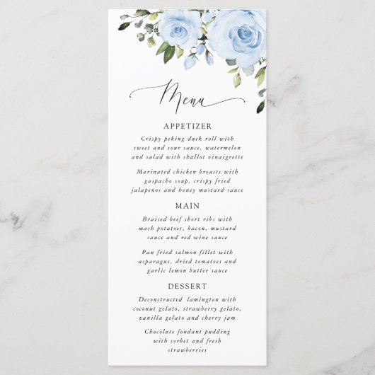 Dusty Blue Flowers, Greenery, Bridal Shower Menu (Voorkant)
