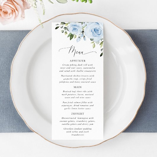 Dusty Blue Flowers, Greenery, Bridal Shower Menu