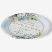 Dusty Blue Flowers Greenery Gold Quince Plates Papieren Bordje (Gekanteld)