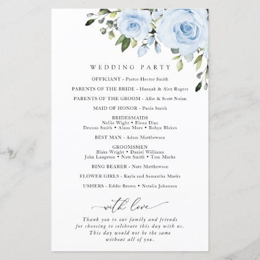 Dusty Blue Flowers, Greenery, Wedding Program (Achterkant)