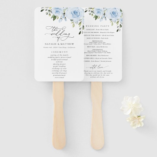 Dusty Blue Flowers, Greenery, Wedding Program Handwaaier (Voorkant en achterkant)