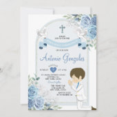 Dusty Blue Flowers Jongen Eerste Heilige Communie Kaart (Voorkant)