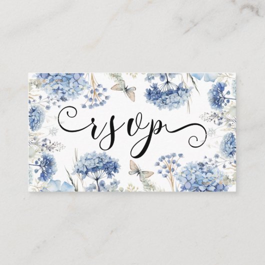 Dusty Blue Flowers Lijst Traditional Wedding RSVP Informatiekaartje (Achterkant)