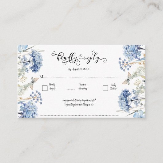 Dusty Blue Flowers Lijst Traditional Wedding RSVP Informatiekaartje (Voorkant)