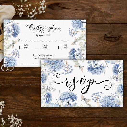 Dusty Blue Flowers Lijst Traditional Wedding RSVP Informatiekaartje