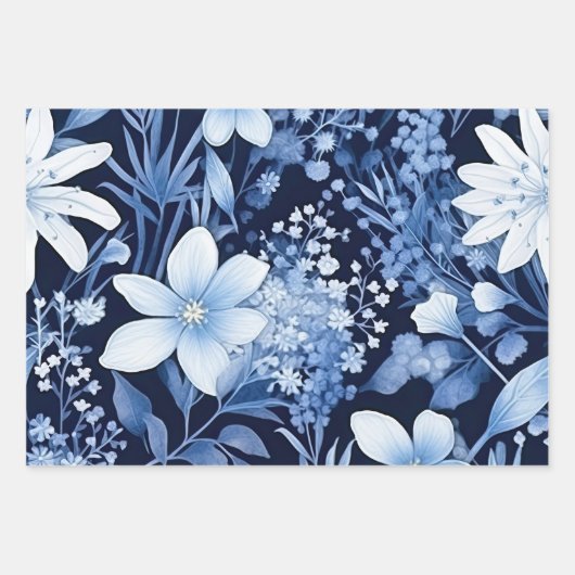 Dusty Blue Flowers Marine Inpakpapier Vel (Voorkant 3)