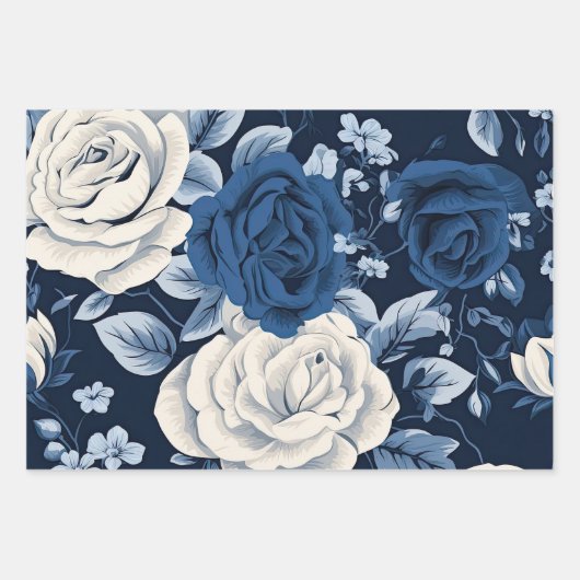Dusty Blue Flowers Marine Inpakpapier Vel (Voorkant)