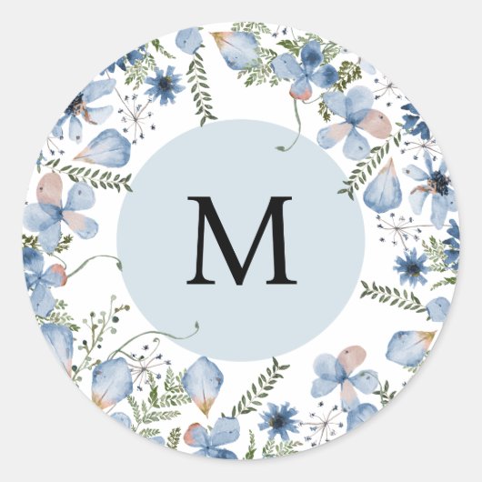 Dusty Blue Flowers Monogram Round Envelope Seal Ronde Sticker (Voorkant)