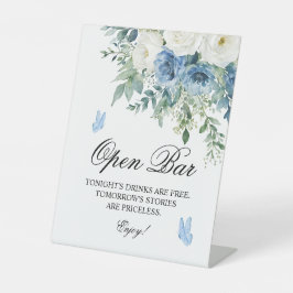 Dusty Blue Flowers Open Bar Sign Reclamebord Met Voetstuk