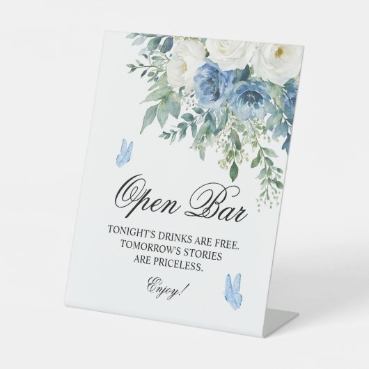 Dusty Blue Flowers Open Bar Sign Reclamebord Met Voetstuk (Voorkant)