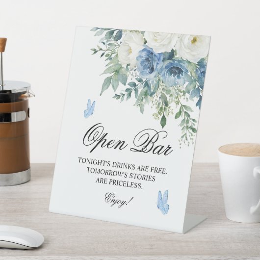 Dusty Blue Flowers Open Bar Sign Reclamebord Met Voetstuk (Insitu)
