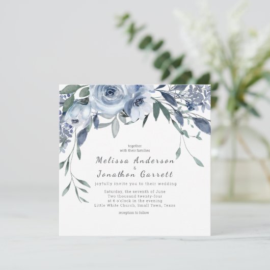 Dusty Blue Flowers Rozen bruiloft uitnodiging (Staand voorkant)