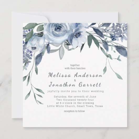 Dusty Blue Flowers Rozen bruiloft uitnodiging (Voorkant)