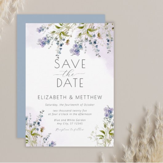 Dusty Blue Flowers Save the Date Kaart