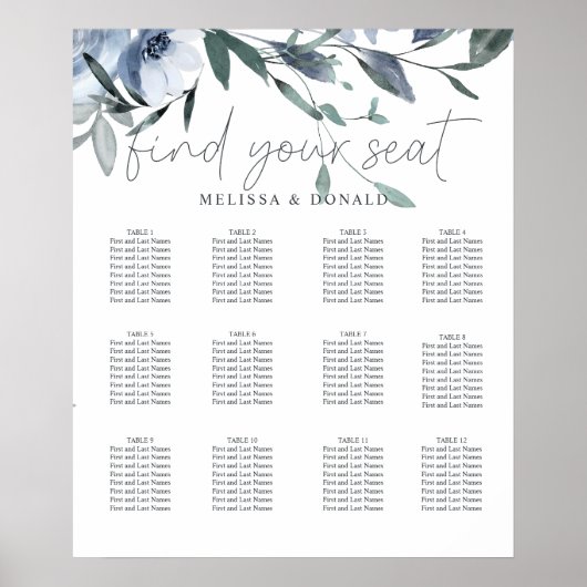 Dusty Blue Flowers Trouwstoelkaart Poster (Voorkant)