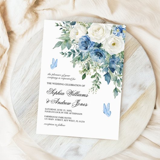 Dusty Blue Flowers Wedding Invitation Kaart