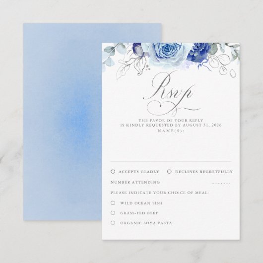 Dusty Blue Flowers Wedding RSVP Kaartje (Voorkant / Achterkant)