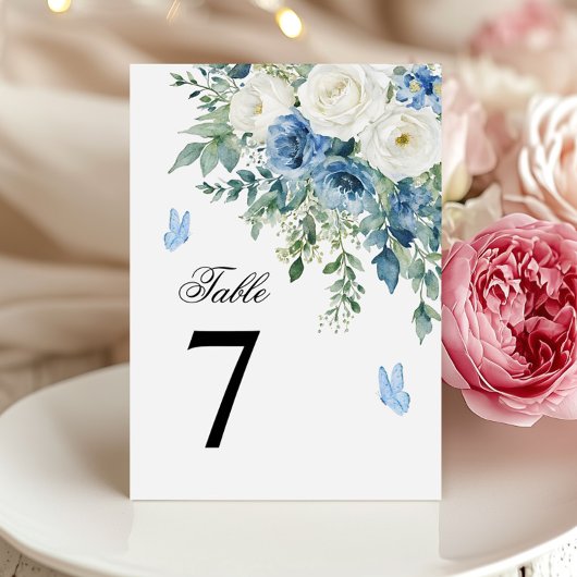 Dusty Blue Flowers Wedding Table Number Kaart