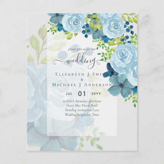 DUSTY BLUE FLOWERS WEDING INVIES - BEGROTING FLYER (Voorkant)