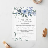 Dusty Blue Flowers Welkomstbrief & route Notitiekaartje (Voorkant / Achterkant in situ)