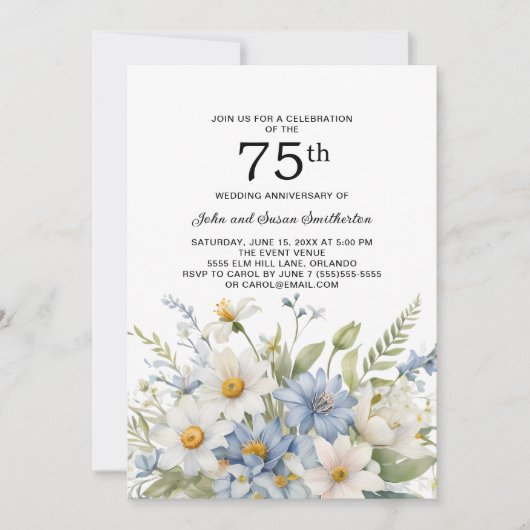 Dusty Blue Flowers White Daisies 75e Jubileum Kaart (Voorkant)