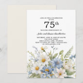 Dusty Blue Flowers White Daisies 75e Jubileum Kaart (Voorkant / Achterkant)