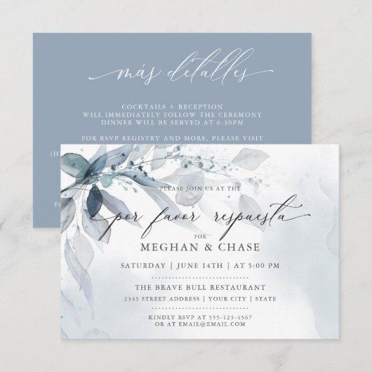 Dusty Blue Foliage CUSTOM2 RSVP DETAILS uitnodigin Kaart (Voorkant / Achterkant)