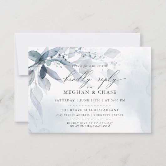 Dusty Blue Foliage CUSTOM RSVP DETAILS Uitnodiging (Voorkant)